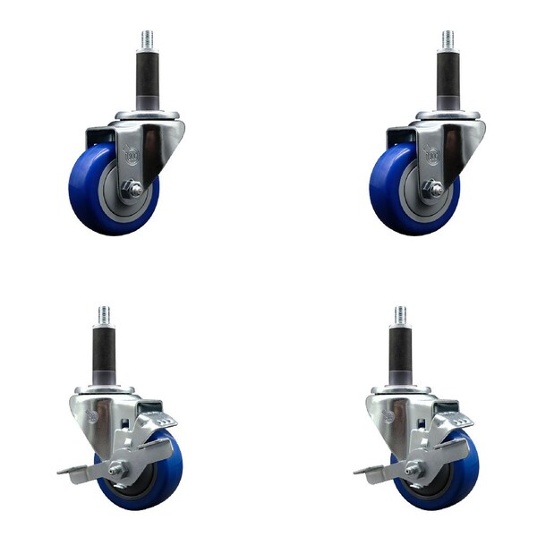 Service Caster 3'' SS Blue Poly Wheel Swivel 1'' Expanding Stem Caster Set 2 Brakes, 4PK SCC-SSEX20S314-PPUB-BLUE-2-TLB-2-1 - main